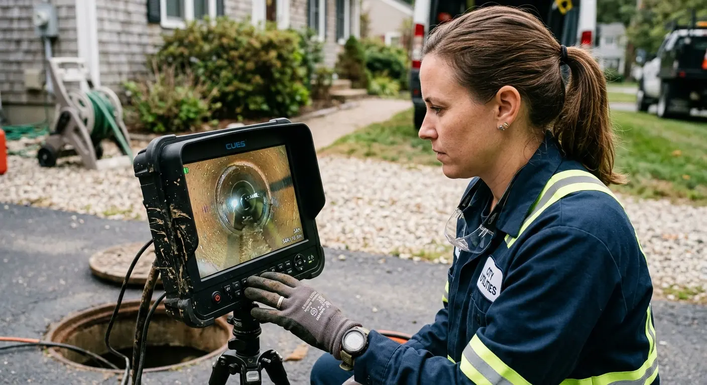 Technician reviewing sewer camera inspection footage in Hanover