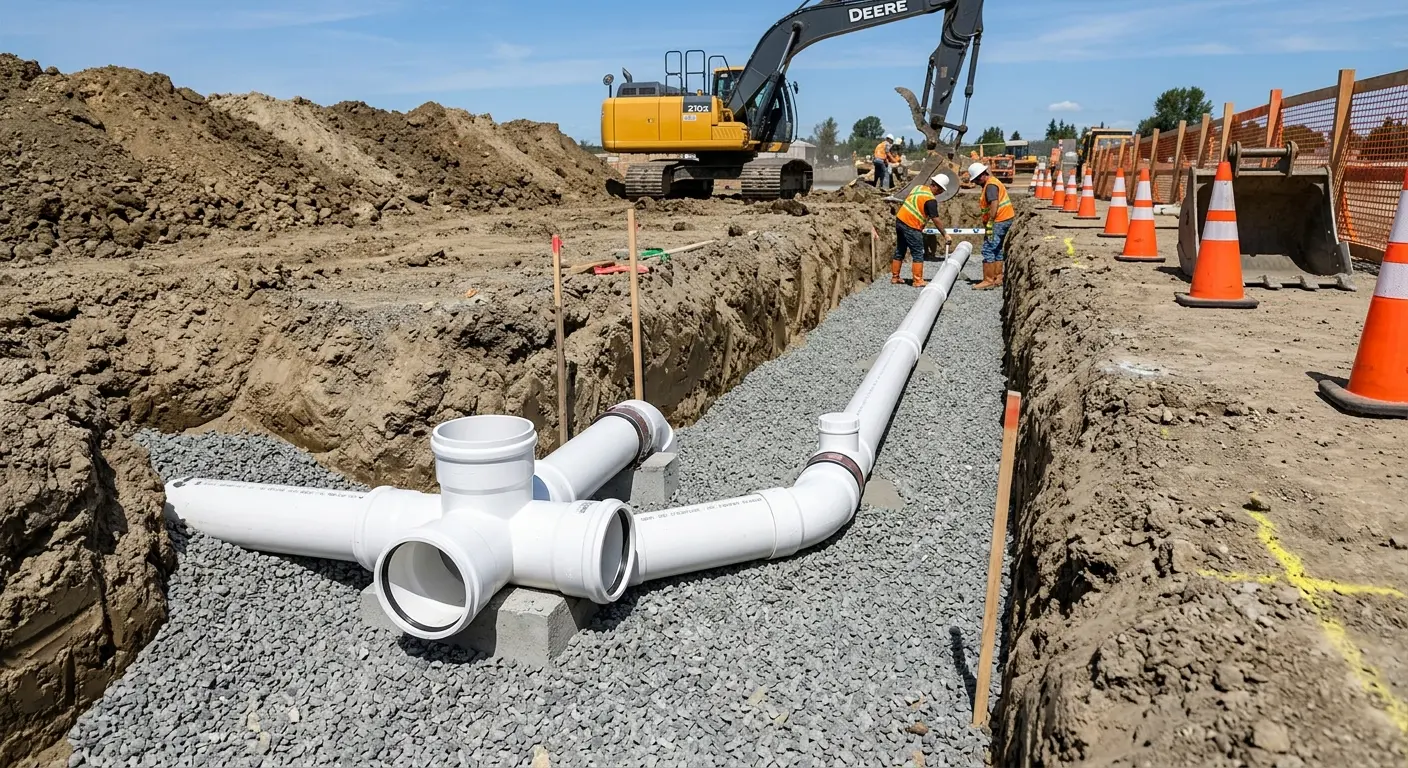 New PVC sewer pipe installation in open trench for Commercial Drain Cleaning in Hanover