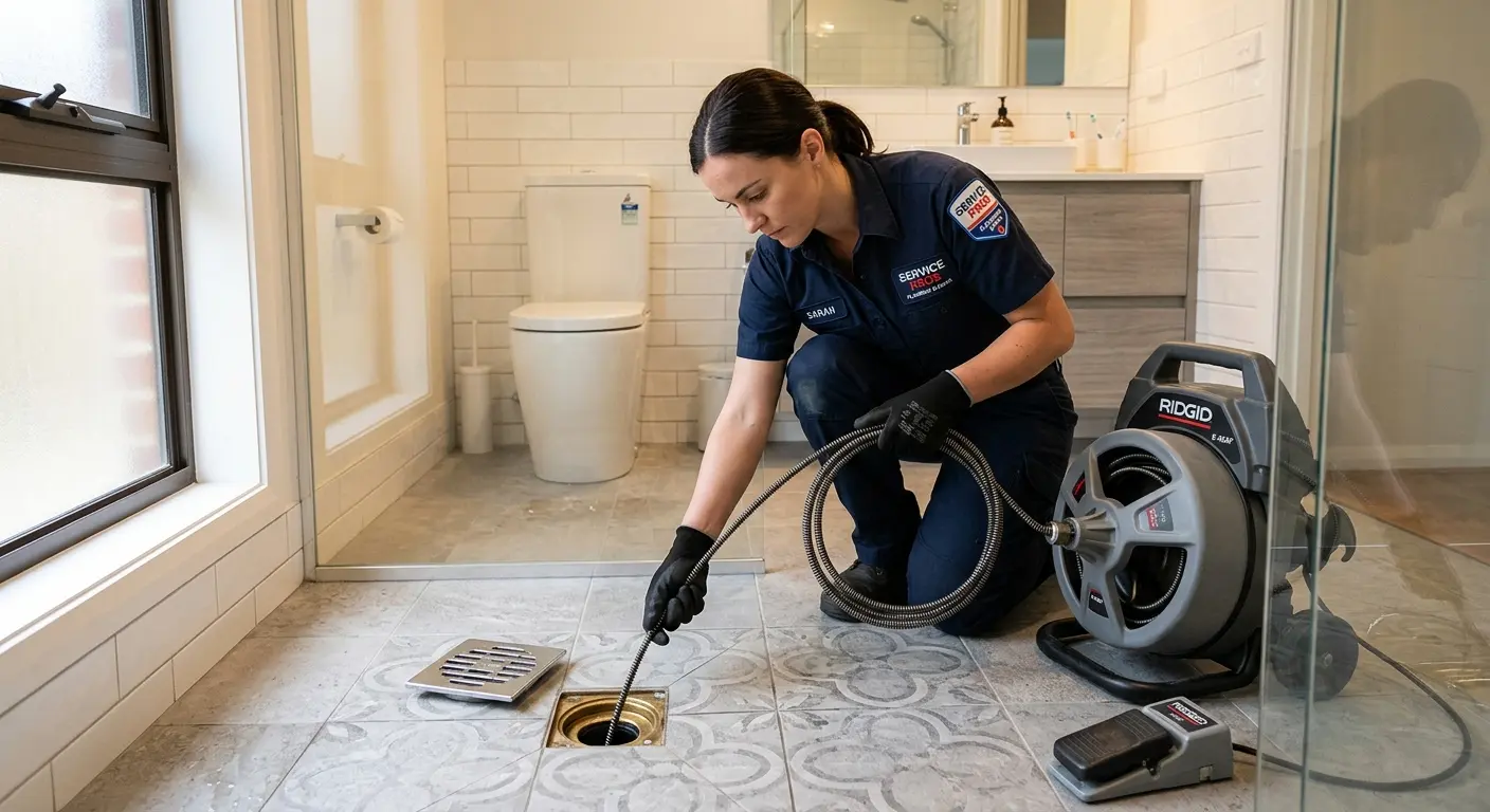 Technician clearing a bathroom floor drain for Clogged Drain Repair in Hanover